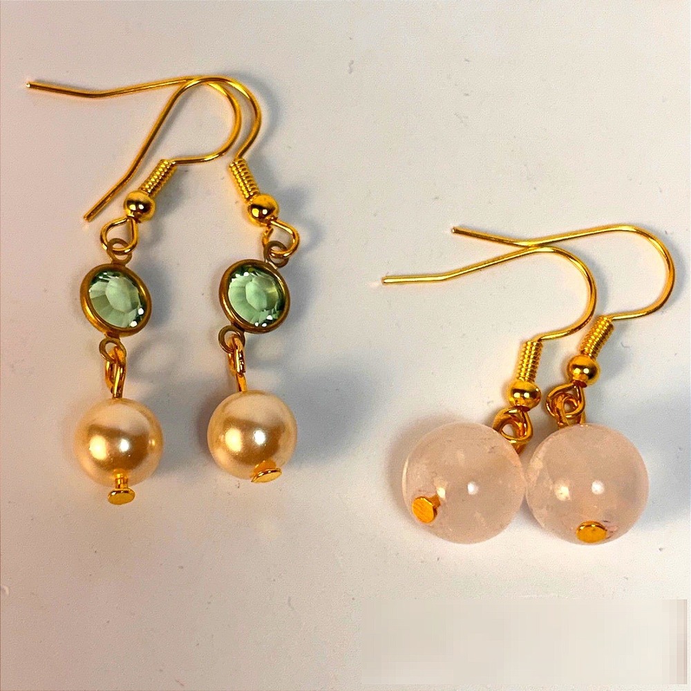 Dangle Earring Set Pink Green Gold Rose Quartz Glass Bead Boho Cottagecore